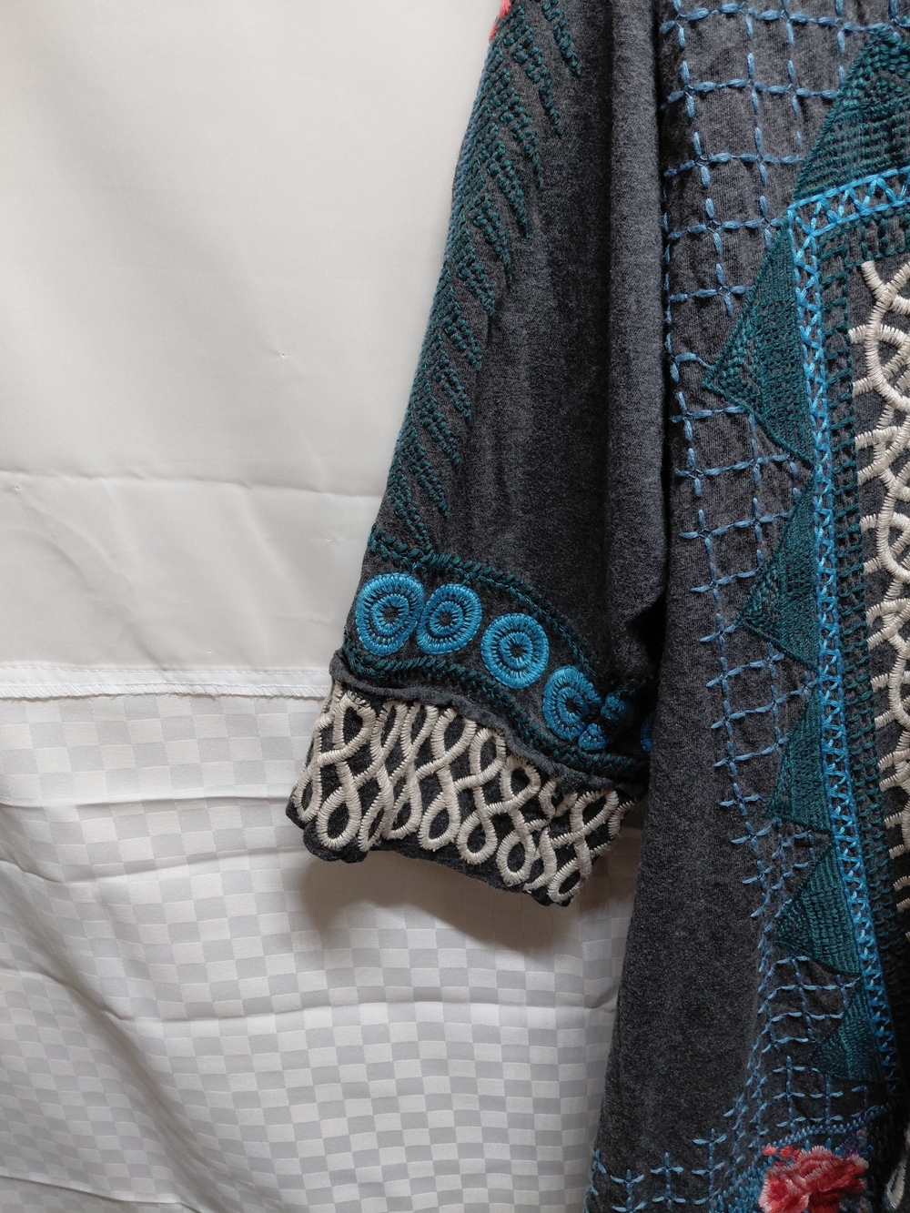 Embroidered Open Front Kimono Jacket in Charcoal & Teal #(C28) - Picture 3 of 9